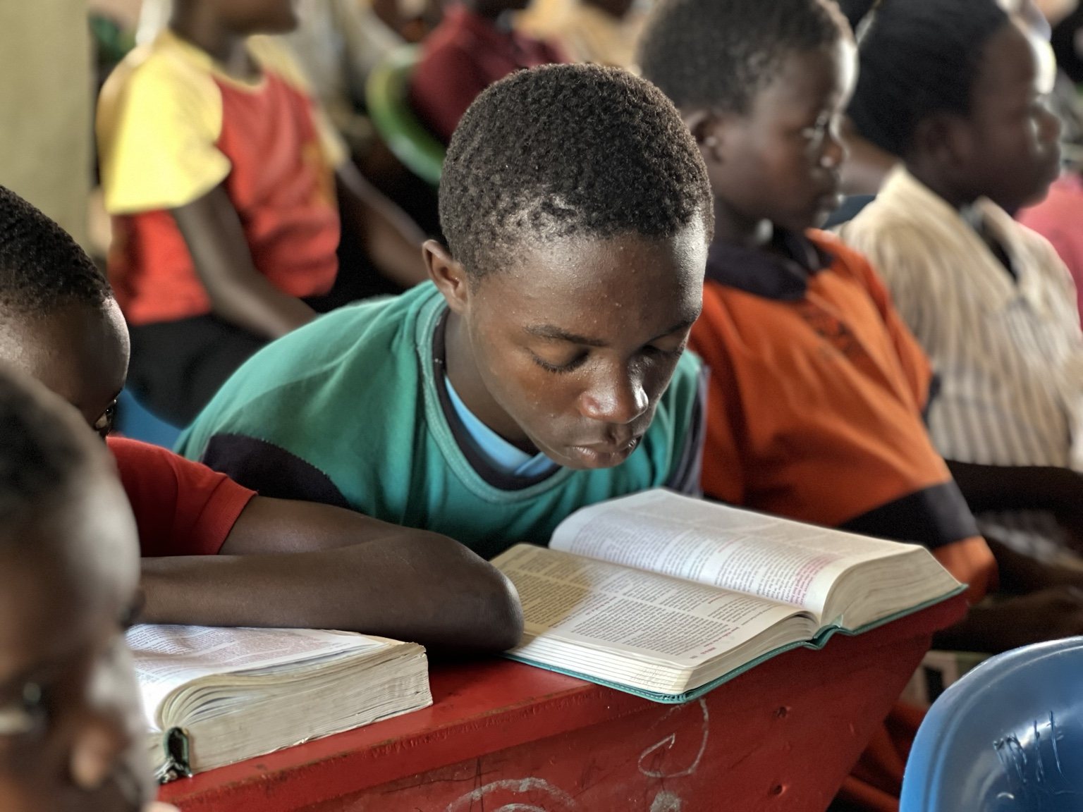 Boy reading the Bible closely
