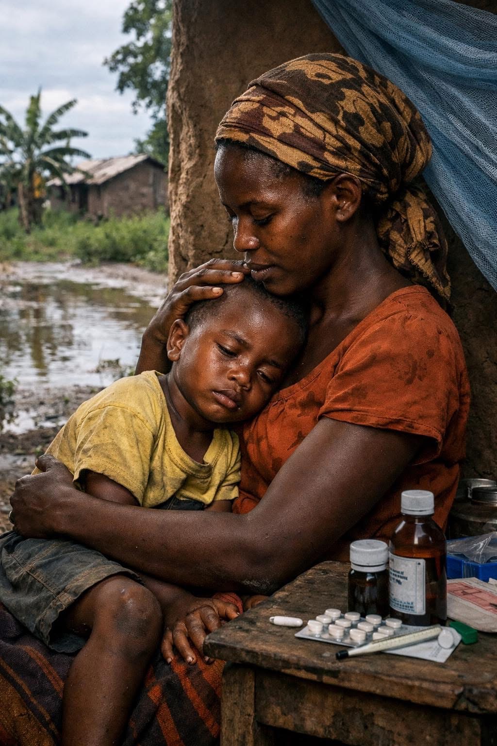 Mother holding a sick child while medicines sit nearby